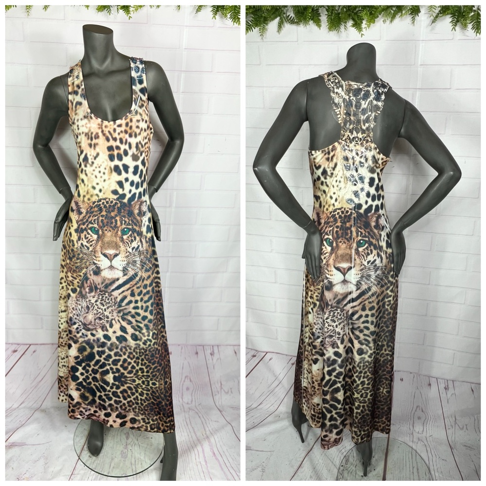 👗🐆|•OCEAN BLUE•| REOW Leopard Face/Print Rhinestones Print Dress Size M-L